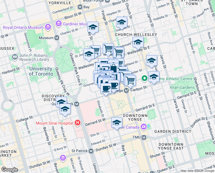 map of restaurants, bars, coffee shops, grocery stores, and more near 38 Grenville Street in Toronto