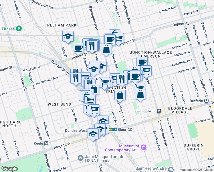 map of restaurants, bars, coffee shops, grocery stores, and more near 259 Perth Avenue in Toronto