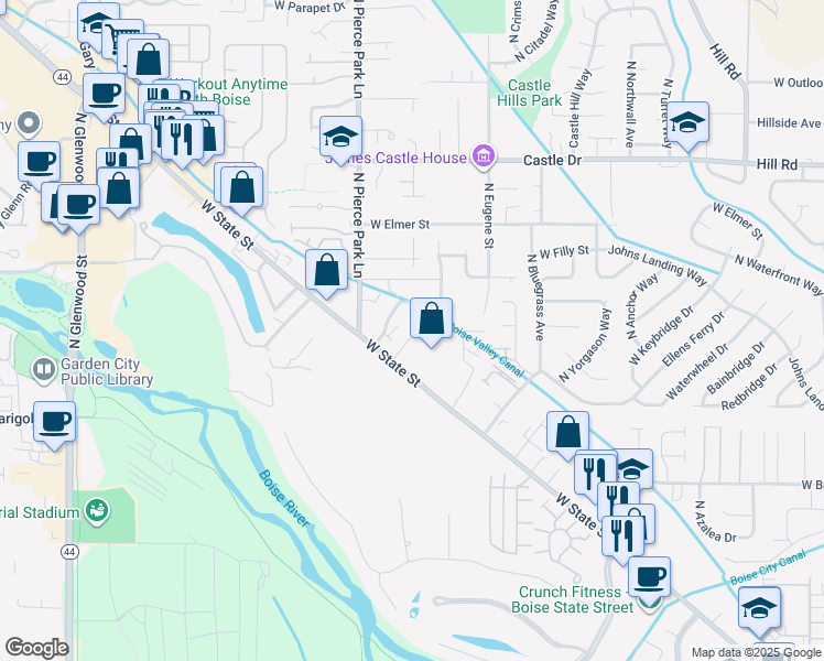 map of restaurants, bars, coffee shops, grocery stores, and more near 6230 West State Street in Boise