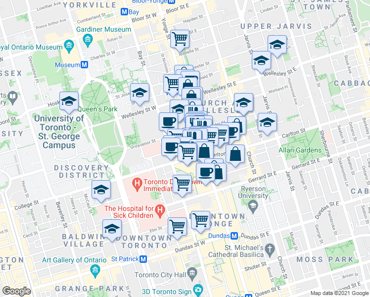 map of restaurants, bars, coffee shops, grocery stores, and more near 25 Grenville Street in Toronto