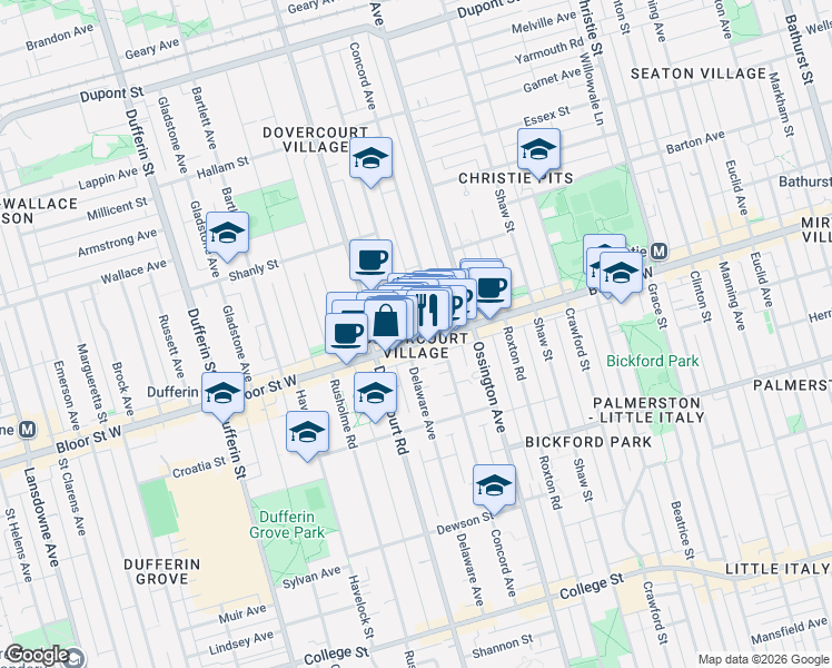 map of restaurants, bars, coffee shops, grocery stores, and more near 938 Bloor Street West in Toronto