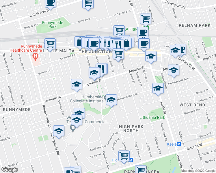 map of restaurants, bars, coffee shops, grocery stores, and more near in Toronto