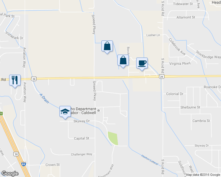 map of restaurants, bars, coffee shops, grocery stores, and more near 4623 Enterprise Way in Caldwell
