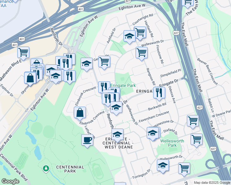 map of restaurants, bars, coffee shops, grocery stores, and more near 3 Erinview Terrace in Toronto