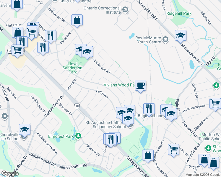 map of restaurants, bars, coffee shops, grocery stores, and more near 59 Lockwood Road in Brampton