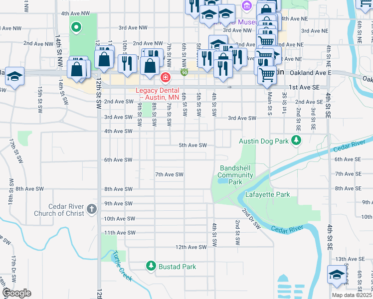 map of restaurants, bars, coffee shops, grocery stores, and more near 611 5th Avenue Southwest in Austin
