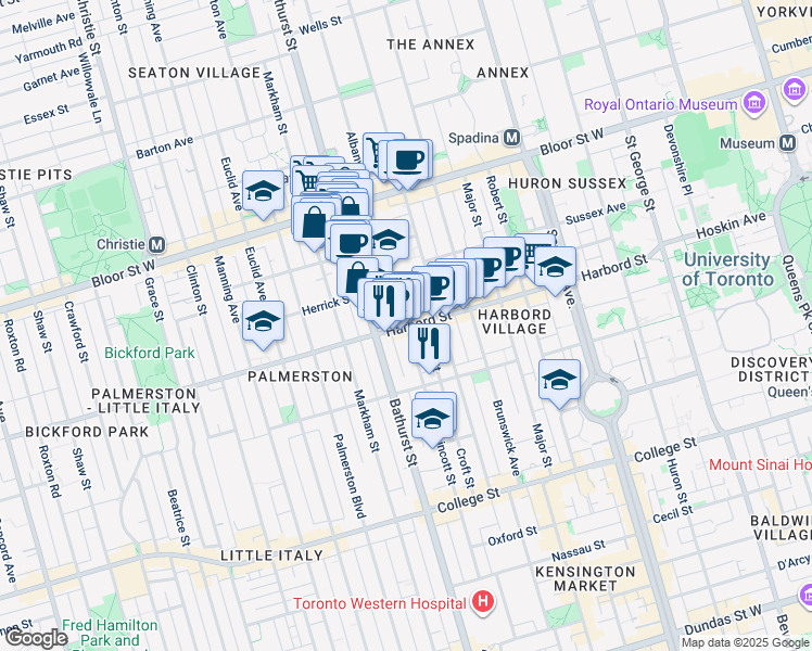map of restaurants, bars, coffee shops, grocery stores, and more near Harbord Street & Lippincott Street in Toronto