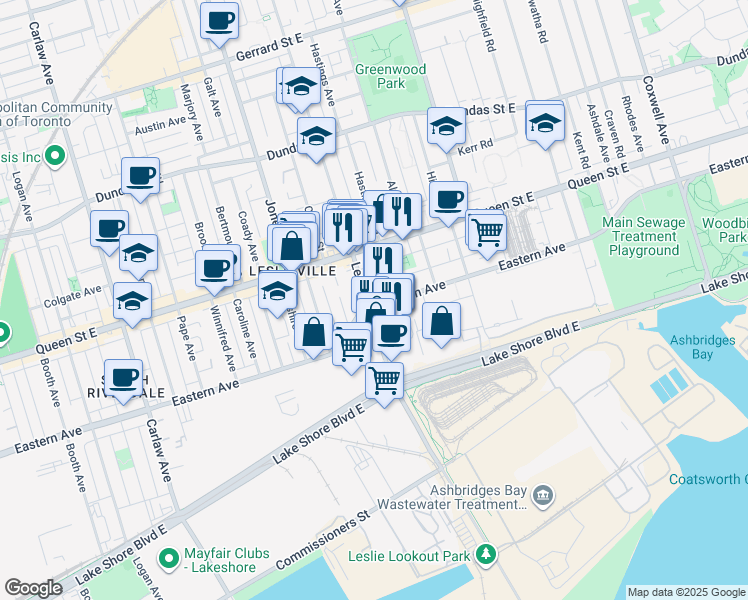 map of restaurants, bars, coffee shops, grocery stores, and more near 820 Eastern Avenue in Toronto