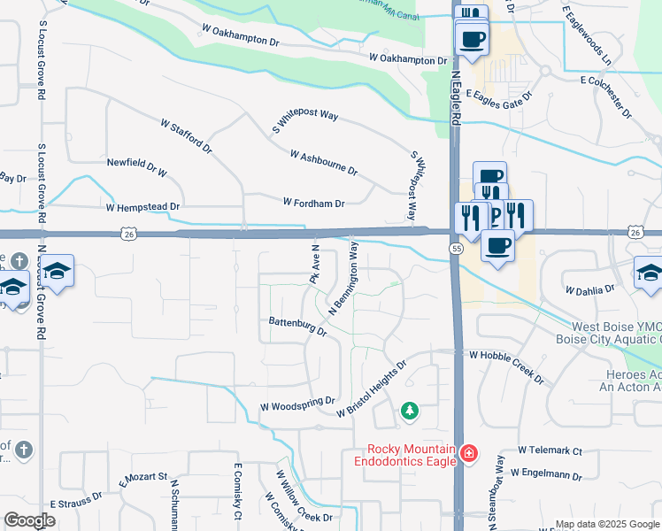 map of restaurants, bars, coffee shops, grocery stores, and more near 6284 North Royal Park Avenue in Boise