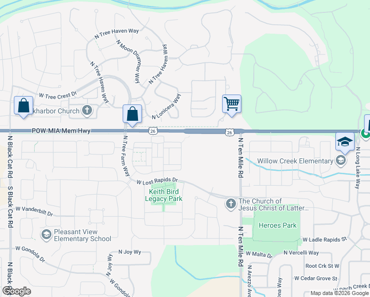 map of restaurants, bars, coffee shops, grocery stores, and more near 3651 West Sand Wedge Street in Meridian