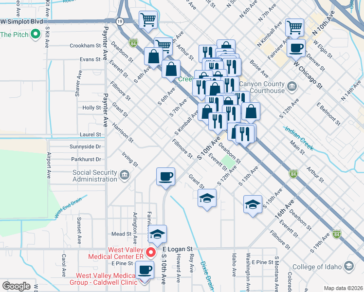 map of restaurants, bars, coffee shops, grocery stores, and more near 821 Fillmore Street in Caldwell
