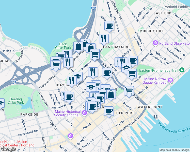 map of restaurants, bars, coffee shops, grocery stores, and more near 186 Pearl Street in Portland