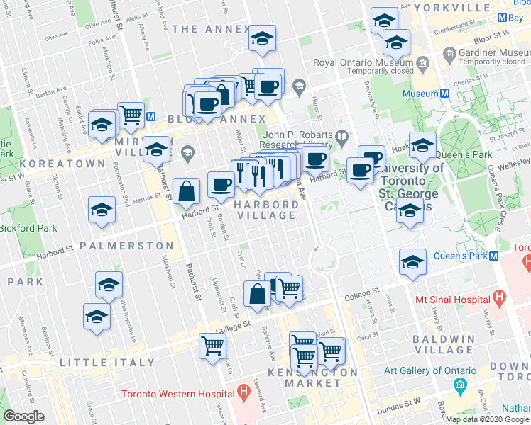 map of restaurants, bars, coffee shops, grocery stores, and more near in Toronto