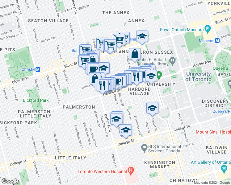 map of restaurants, bars, coffee shops, grocery stores, and more near in Toronto