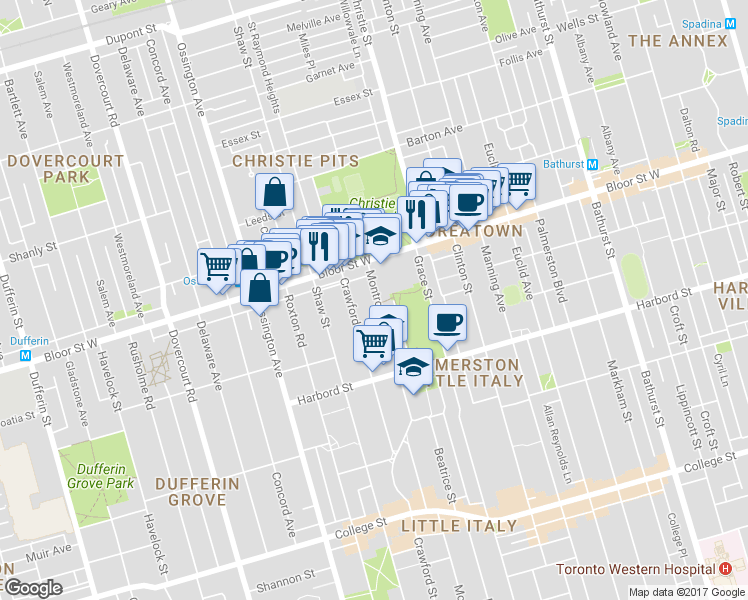 map of restaurants, bars, coffee shops, grocery stores, and more near 777 Bloor Street West in Toronto