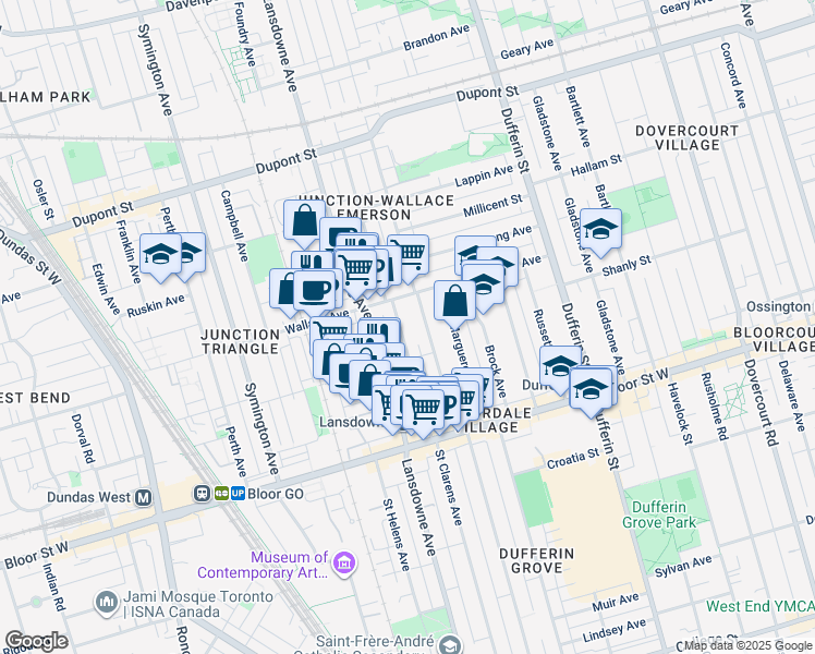 map of restaurants, bars, coffee shops, grocery stores, and more near in Toronto