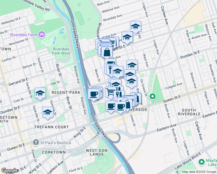map of restaurants, bars, coffee shops, grocery stores, and more near 119 Hamilton Street in Toronto