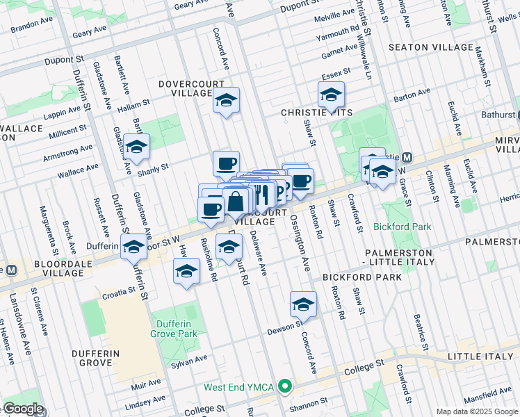 map of restaurants, bars, coffee shops, grocery stores, and more near 924A Bloor Street West in Toronto