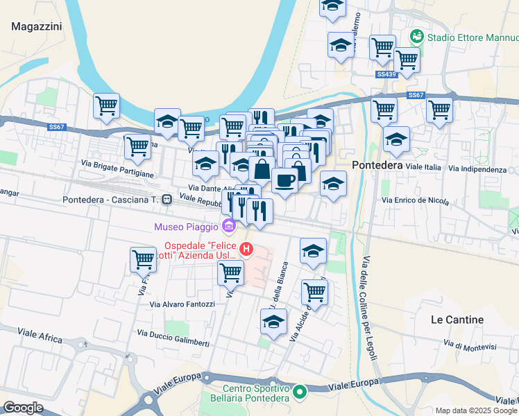 map of restaurants, bars, coffee shops, grocery stores, and more near 4 Viale Risorgimento in Pontedera