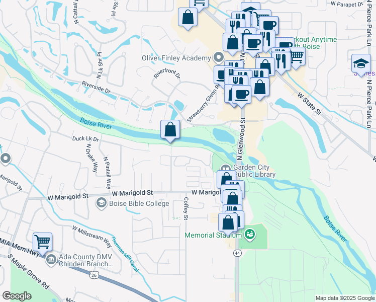 map of restaurants, bars, coffee shops, grocery stores, and more near 143 Strawberry Glenn Road in Garden City