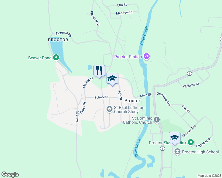map of restaurants, bars, coffee shops, grocery stores, and more near 14 School Street in Proctor