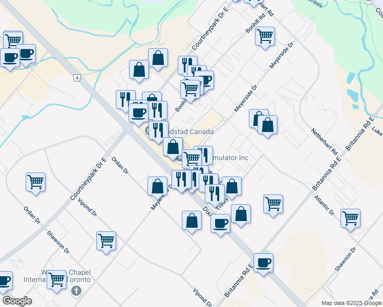 map of restaurants, bars, coffee shops, grocery stores, and more near 1500 Bonhill Road in Mississauga