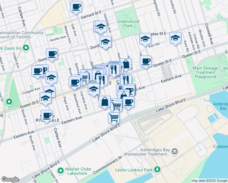 map of restaurants, bars, coffee shops, grocery stores, and more near 31 Marigold Avenue in Toronto