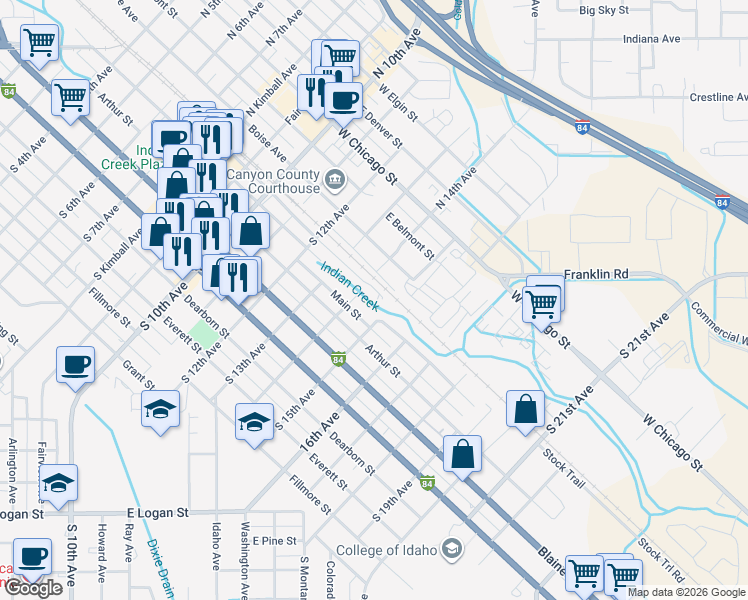 map of restaurants, bars, coffee shops, grocery stores, and more near 1401 Main Street in Caldwell