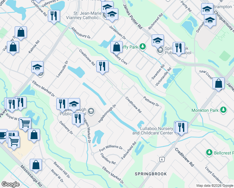 map of restaurants, bars, coffee shops, grocery stores, and more near 60 Impulse Circle in Brampton