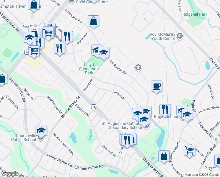 map of restaurants, bars, coffee shops, grocery stores, and more near 72 Lockwood Road in Brampton