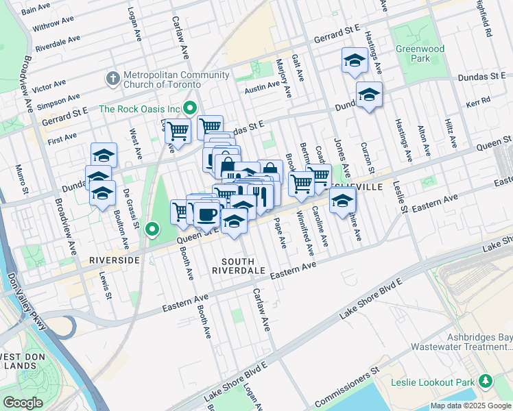 map of restaurants, bars, coffee shops, grocery stores, and more near 5 Boston Avenue in Toronto