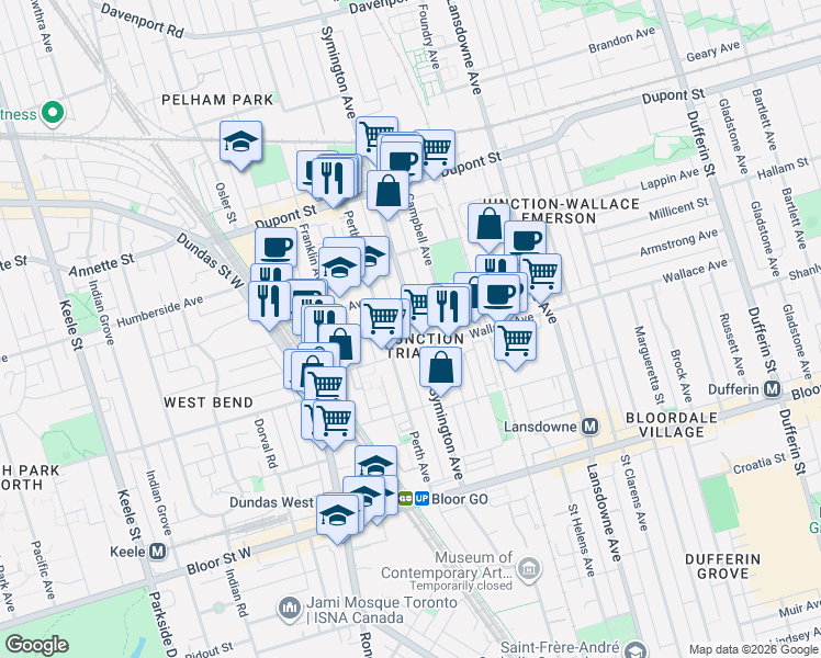 map of restaurants, bars, coffee shops, grocery stores, and more near 176 Symington Avenue in Toronto
