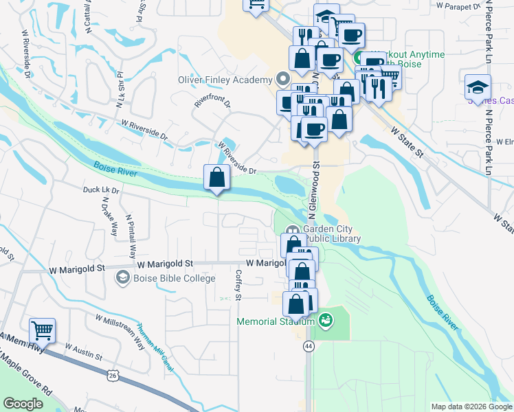 map of restaurants, bars, coffee shops, grocery stores, and more near 6200 River Pointe Drive in Garden City