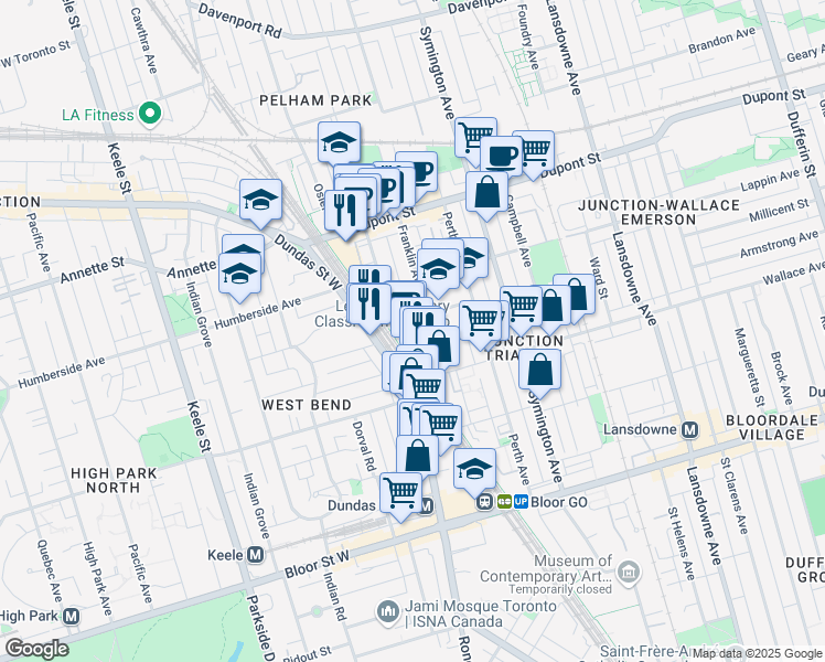 map of restaurants, bars, coffee shops, grocery stores, and more near 45 Sousa Mendes Street in Toronto