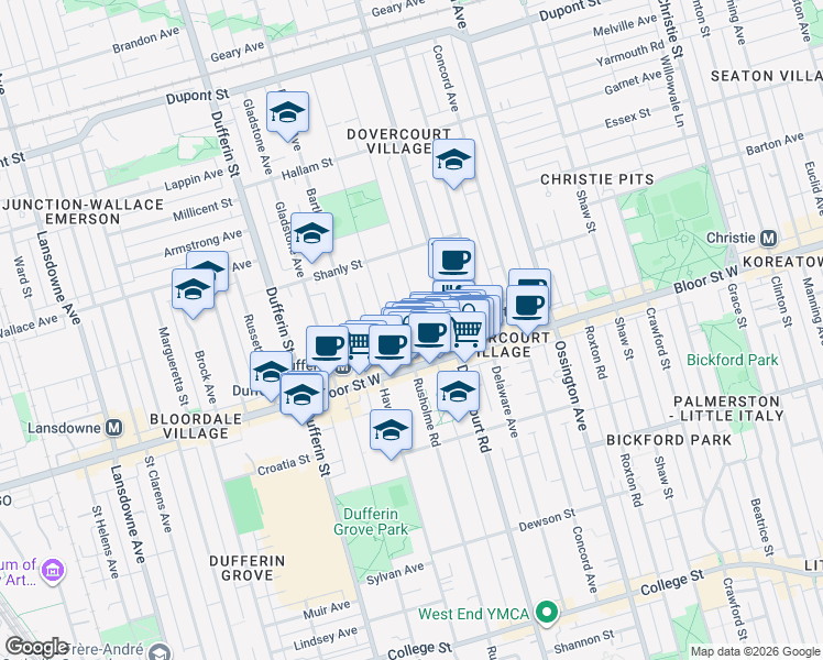 map of restaurants, bars, coffee shops, grocery stores, and more near 40 Westmoreland Avenue in Toronto