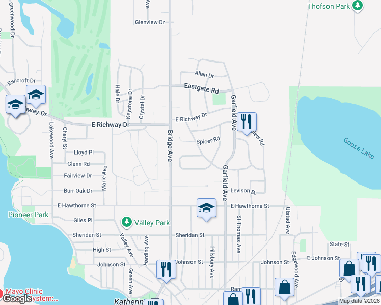 map of restaurants, bars, coffee shops, grocery stores, and more near 1009 Foothills Circle in Albert Lea