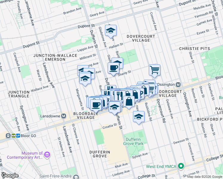 map of restaurants, bars, coffee shops, grocery stores, and more near 1077 Dufferin Street in Toronto