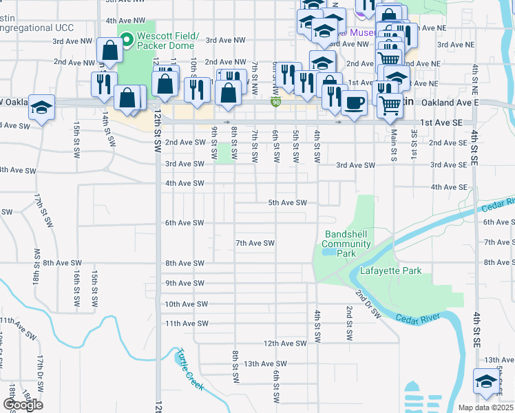 map of restaurants, bars, coffee shops, grocery stores, and more near 711 5th Avenue Southwest in Austin