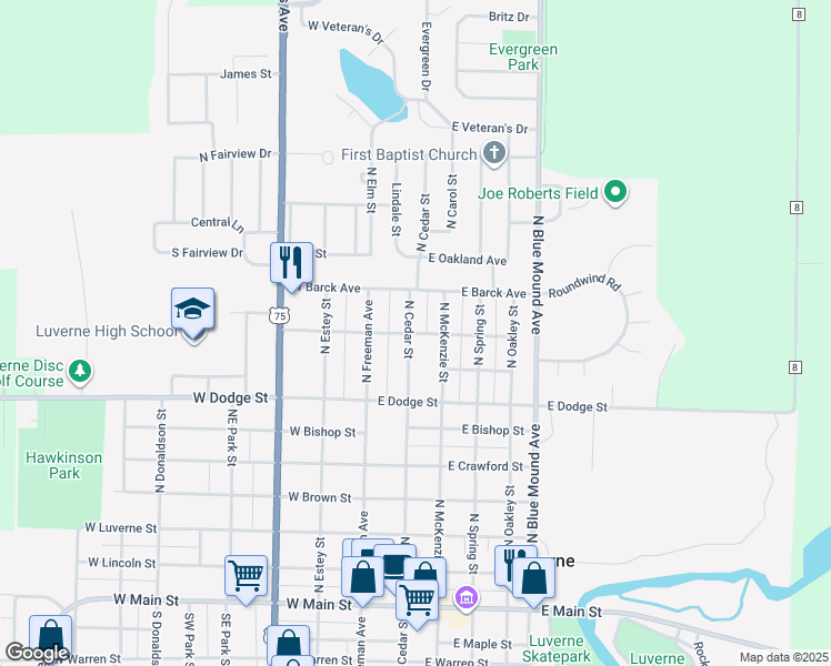 map of restaurants, bars, coffee shops, grocery stores, and more near 203 East Adams Avenue in Luverne
