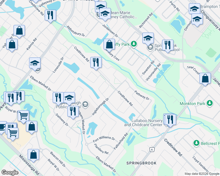 map of restaurants, bars, coffee shops, grocery stores, and more near 60 Impulse Circle in Brampton