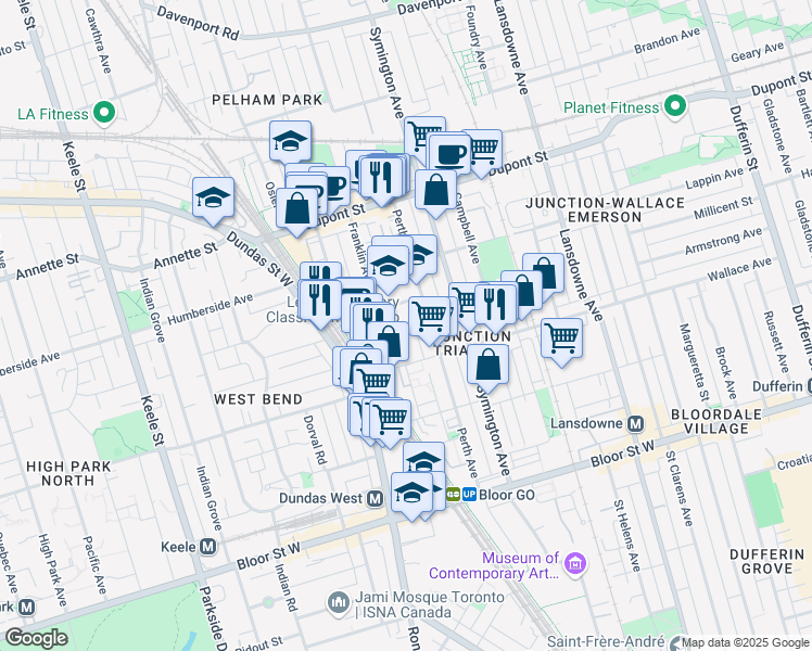map of restaurants, bars, coffee shops, grocery stores, and more near 16 Macaulay Avenue in Toronto