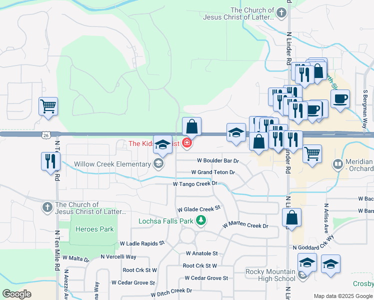 map of restaurants, bars, coffee shops, grocery stores, and more near 2300 West Everest Lane in Meridian