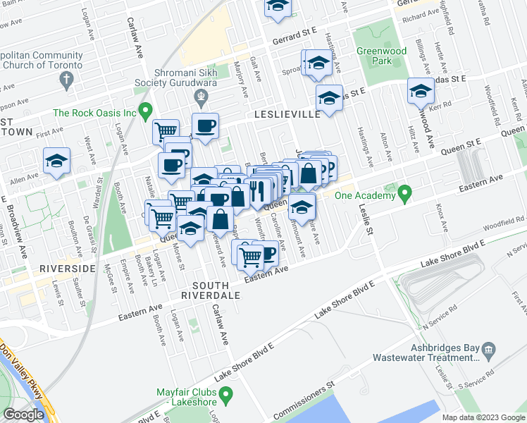 map of restaurants, bars, coffee shops, grocery stores, and more near 1101 Queen Street East in Toronto