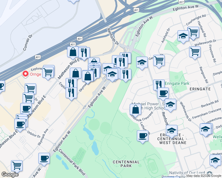 map of restaurants, bars, coffee shops, grocery stores, and more near 5409 Eglinton Avenue West in Toronto