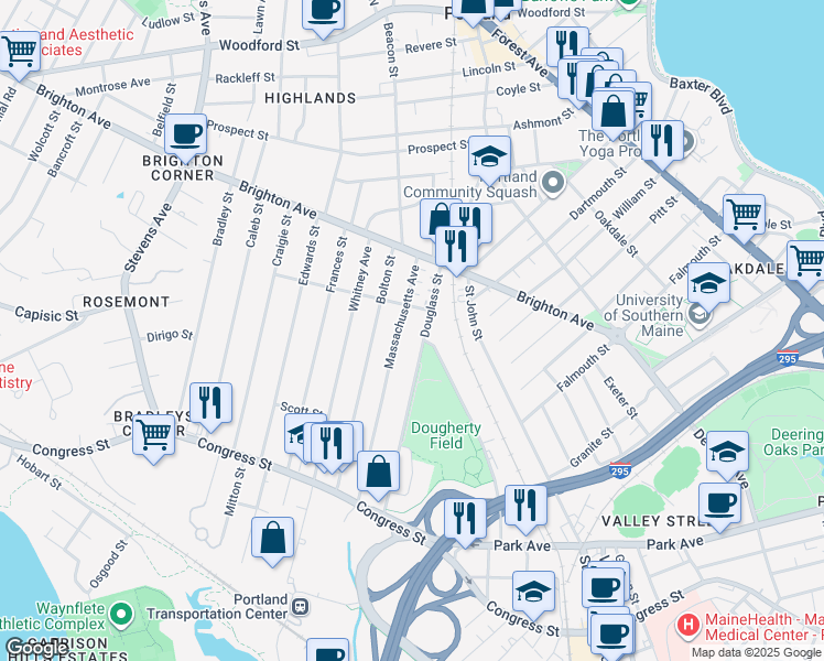 map of restaurants, bars, coffee shops, grocery stores, and more near 131 Massachusetts Avenue in Portland