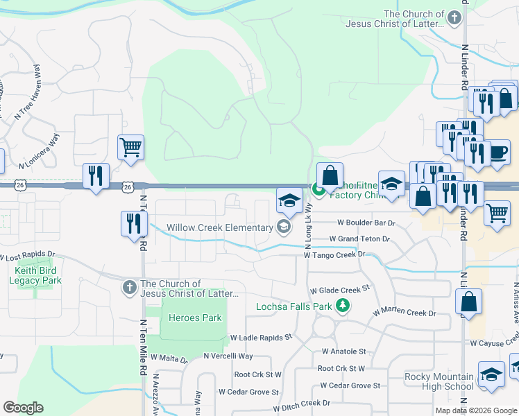 map of restaurants, bars, coffee shops, grocery stores, and more near 6287 North Silver Elm Way in Meridian