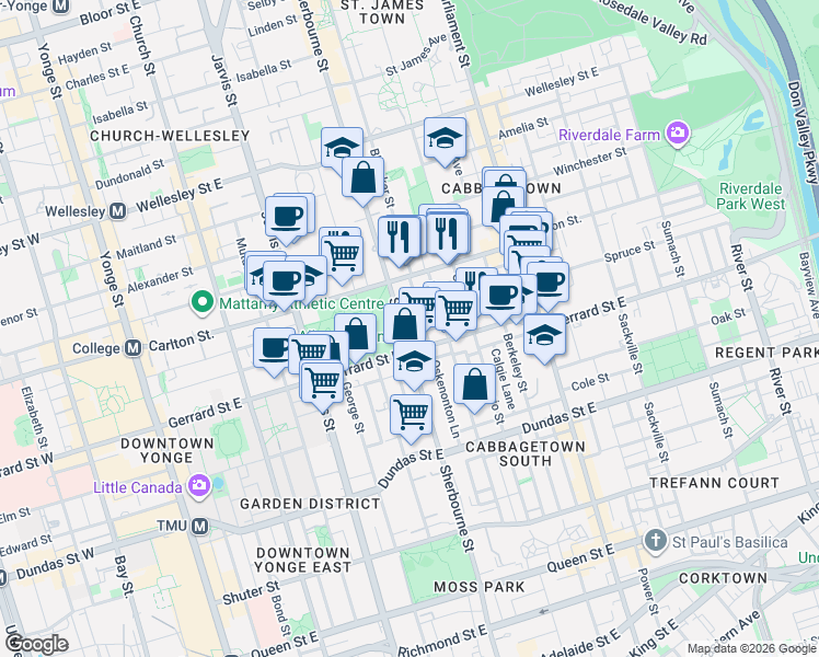 map of restaurants, bars, coffee shops, grocery stores, and more near 321 Sherbourne Street in Toronto