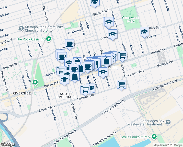 map of restaurants, bars, coffee shops, grocery stores, and more near 1109 Queen Street East in Toronto