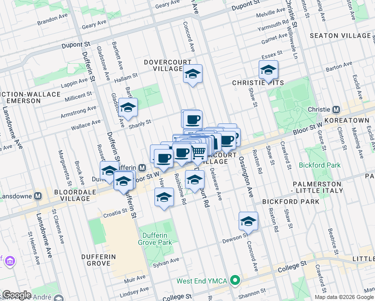 map of restaurants, bars, coffee shops, grocery stores, and more near in Toronto