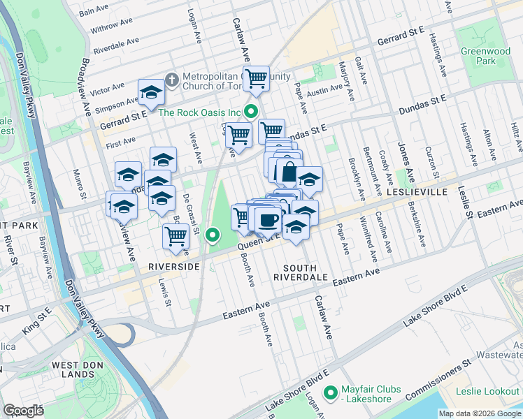 map of restaurants, bars, coffee shops, grocery stores, and more near 88 Colgate Avenue in Toronto